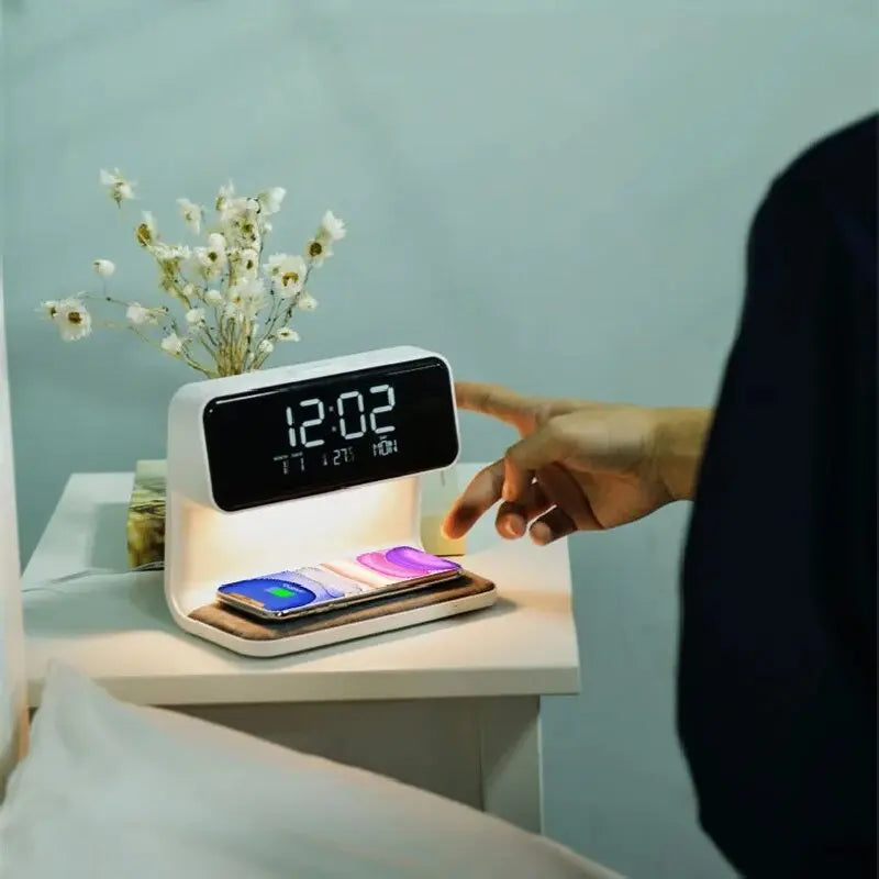 Wireless Charging LCD Alarm Clock Wireless Phone Charger Creative 3 in 1 Bedside Lamp For Iphone