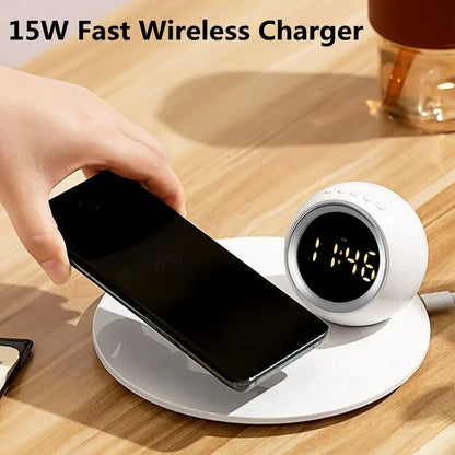 Wireless Charger Pad Stand Alarm Clock LED Desk Lamp Night Light 15W Phone Fast Charging Station Dock for iPhone Samsung Xiaomi