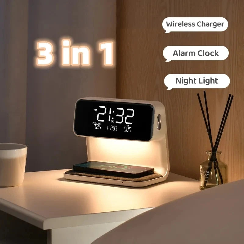 Wireless Charging LCD Alarm Clock Wireless Phone Charger Creative 3 in 1 Bedside Lamp For Iphone